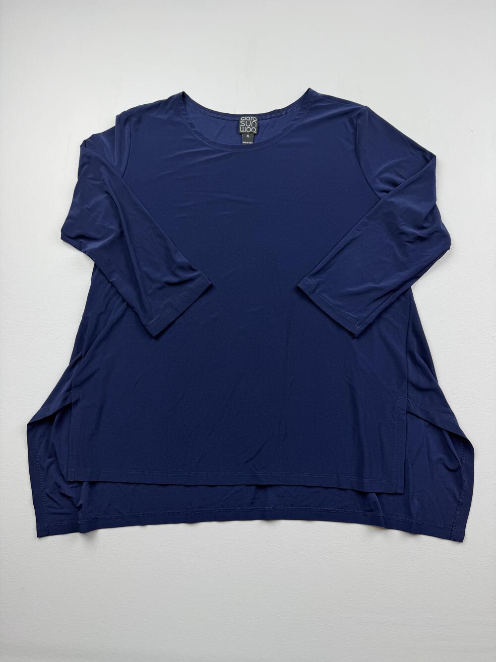 Vintage Clara Sunwoo Shirt Womens XL Blue Round Neck 3/4 Sleeve Tunic Top USA